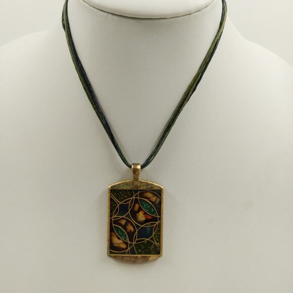 Necklace Liz Sophia Multicolor Stained Glass & Gold Tone Pendant in Corded Chain - Picture 4 of 7